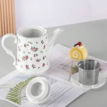 MBB 1 Juego de tetera de cerámica grande con infusor de acero inoxidable, tetera de estilo europeo hecha a mano de cerámica, juego de té vintage para regalo, tetera de 1000 ml (33.5 oz) - Tetera de cerámica premium con infusor para té floreciente y suelto - Tetera de cerámica con decoración de rosas, tetera blanca con decoración de rosas, tetera de 33.5 onzas con tapa, tetera clásica para servir té y café, hecha de nueva porcelana de hueso, apta para lavavajillas, tetera con hojas