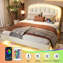 140*200cm/160*200cm, struttura letto moderna bianca con design sospeso, testiera a petalo e pratico spazio di archiviazione, illuminazione a LED e porta USB TYPE-C, elegante e confortevole.