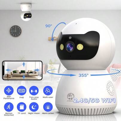 1 Set Cámara de vigilancia inteligente mini, material de ABS de alta calidad, diseño redondo minimalista blanco con conectividad de 5GHz, tecnología de seguimiento automático, mejora de zoom 5X, comunicación bidireccional, visión nocturna, acceso remoto, excelente regalo de para el hogar en Navidad