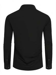 Camisa de Manga Larga de Unicolor con Cuello Mao para Hombre, Camisa Formal de Unicolor para Hombre, Camisa Casual/De Oficina de Unicolor con Botones en Una Sola Hilera, Adecuada para Uso Diario, Trabajo, Salidas y Fiestas, Combinable con Pantalones de Traje o Trajes para Bodas, Lunas de Miel, Otoño, Regalo para Hijos, Esposos, Novios y Padres - Negro - Ver 4
