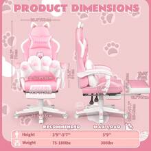 Pink Gaming Chair For Girls With Cat Paw Lumbar Cushion & Cat Ears, Ergonomic Reclining Computer Chair With Footrest & Headrest For Kids & Adults - 白色 - 查看 2