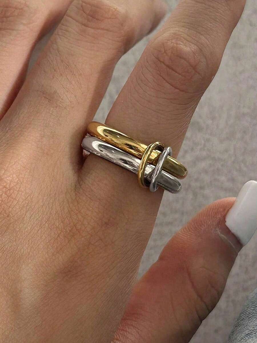 独特设计的不锈钢双层双色戒指，适合女士防水金色时尚饰品 - 金銀色 - 查看 1