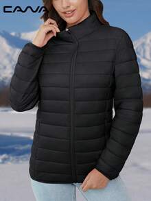 Cavva 女式羽绒夹克防水防风轻便绗缝内衬拉链休闲冬季保暖服装带 4 个口袋徒步露营工作，抓绒 - 黑色 - 查看 4