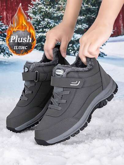 Winter Plush Lined Snow Boots For Dad And Mom, Warm And Non-Slip Casual Shoes For Elderly, Comfortable And Lightweight With Soft Cushioning, Hook And Loop Shoelaces, Black And Gray, Suitable For Daily Wear, Walking, Outdoor Hiking, And Snow Activities In Cold Winter Weather