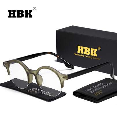 HBK Occhiali da vista unisex con montatura semi-rimless, montatura verde sabbia vintage, forma rotonda, design in TR90 + metallo, stile adatto per foto, decorazione quotidiana e regali