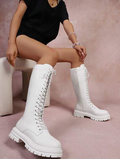 2025 Autumn New Thick Sole Side Zipper Women's Knee-High Boots, Fashion Over-The-Knee Lace-Up Knight Boots, Plus Size Boots