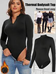 Women's Fleece Lined Long Sleeve BodysuitMock Turtle Neck Zip Up Body Suit Shirt Thermal Basic Tops Deep V Sexy Bodysuit Shirts - 黑色 - 查看 1