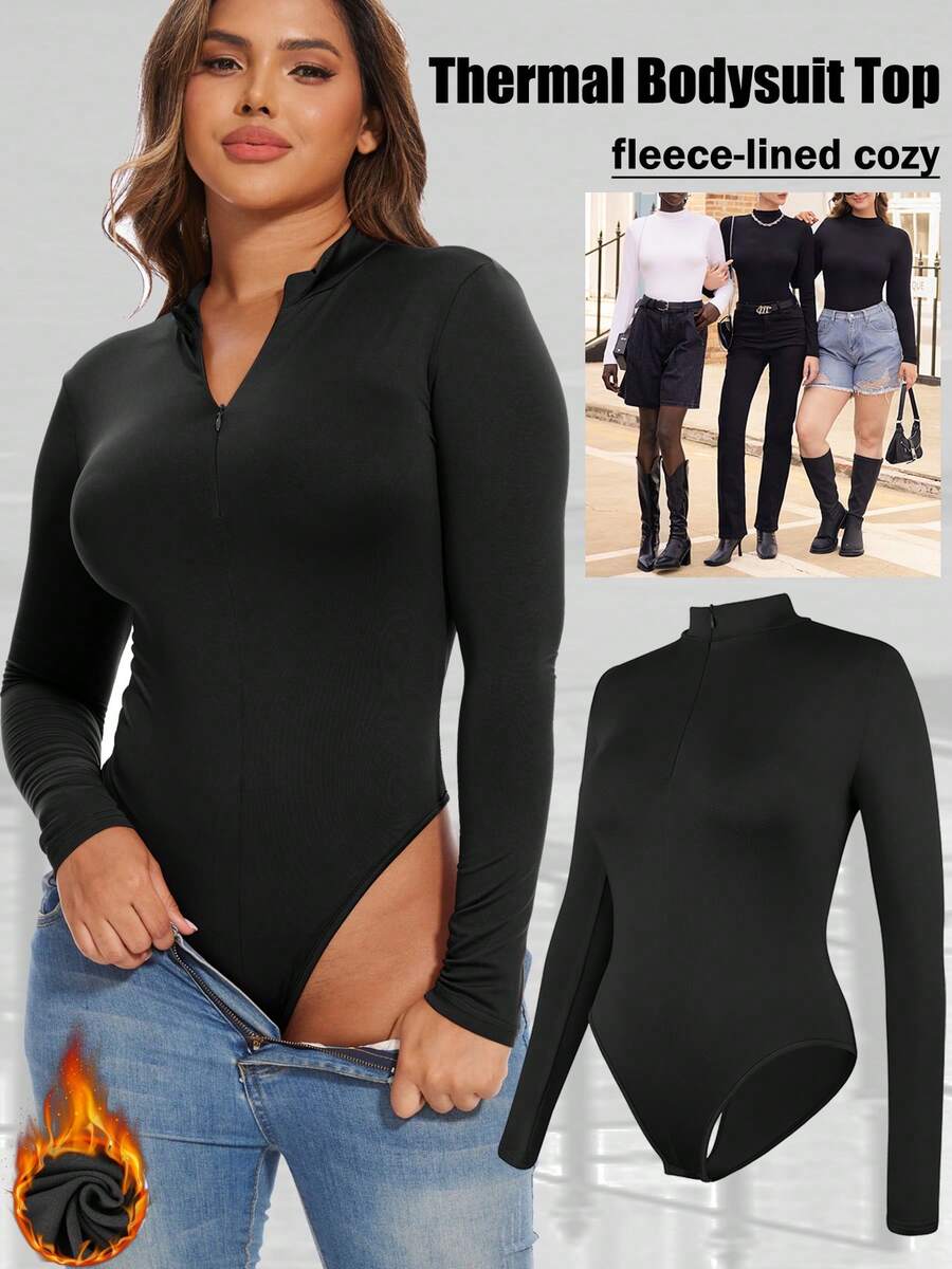 Women's Fleece Lined Long Sleeve BodysuitMock Turtle Neck Zip Up Body Suit Shirt Thermal Basic Tops Deep V Sexy Bodysuit Shirts - 黑色 - 查看 1