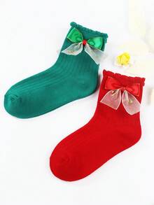 2 Pairs Christmas Color Mid-Calf Socks, Suitable For Party Decorations, New Year Party Gifts, Small Giveaways, Bow Decorated Mid-Calf Socks, Family Holiday Christmas Party Decorations, Thickened Christmas Dot Bow Socks For Infants And Toddlers