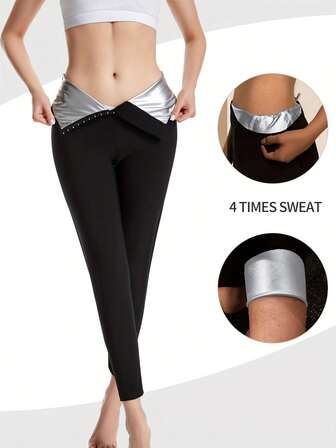 1件装女士高腰可调节4倍排汗桑拿裤，健身塑形紧身裤，四倍排汗效率，可调节腰带，针对腰部和腿部排汗，健身塑形工具