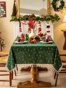 1pc Merry Christmas Green Rectangle Tablecloth, Christmas Golden Bells, Beige Tassel Decor, Washable, Dining Table Cover, Holiday Home Decor, Party Tablecloth, Dresser Scarf, Festive Occasion Decoration, Suitable For Kitchen, Dining Room, Wedding, Holiday, Party, New Year, Christmas Decor, Gift - Green - View 7