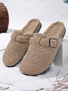 男女通用时尚蓬松厚底拖鞋，厚底，保暖衬里，一脚蹬，适合秋冬季，室内/室外穿着，办公室 - 棕色 - 查看 3