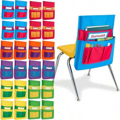 24 PCS Chair Pocket For Classroom, Chair Organizer, Student Chair Back Buddy Pocket Chart, With 6 Storage Pockets And One Name Tag, Seat Storage Sack 15" W X 19" H, 6 Bright Colors
