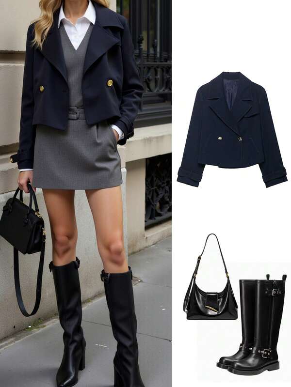 Women's Fashionable Minimalist Versatile Double-Breasted Short Casual Long Sleeve Jacket, Autumn