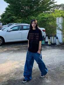 200g Pure Cotton T-Shirt 2025 Summer Ladies New Short Sleeve Pure Cotton Holiday Pattern Short Sleeve Round Neck Couple Wear Small Shirt Tops - 黑色粉字 - 查看 3