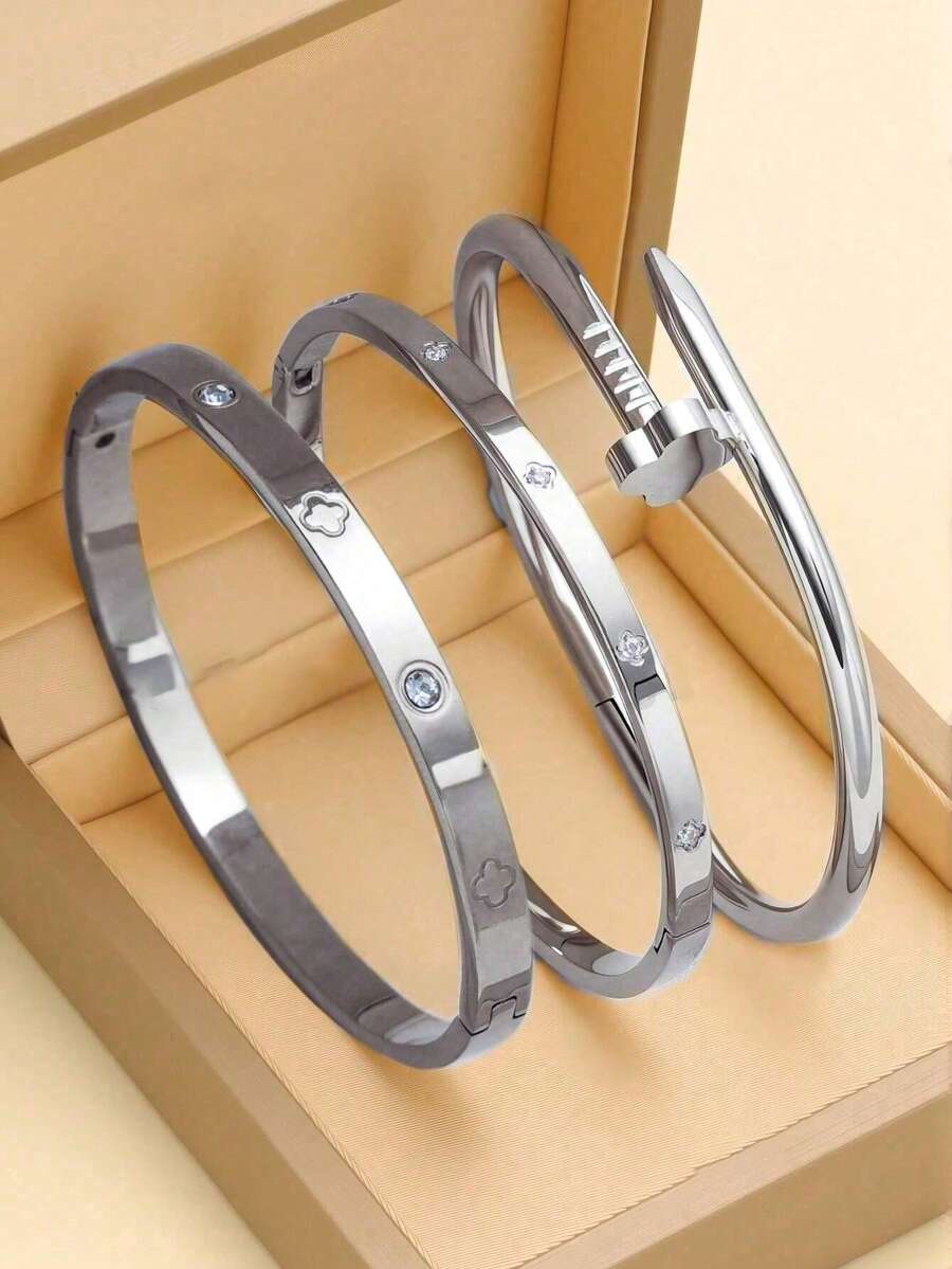 3Pcs/Set Waterproof Luxury Colorful Cubic Zirconia Bangles Stainless Steel Open Bracelet Bangle Fashion Jewelry Women