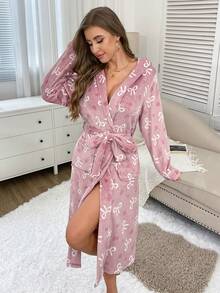 1pc Women's Heart & Bow Print Robe, Elegant & Fashionable, Thick & Warm For Autumn/Winter, Comfortable For Outdoor, Vacation, And Loungewear, Fluffy, Cozy - Pink - View 5