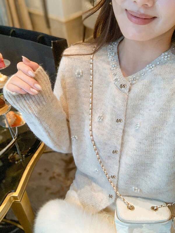 Alicedudu Cardigan col rond doux à design de perles pour femmes, automne/hiver