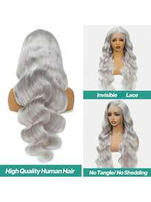 Peluca gris de onda corporal de 32 pulgadas con encaje transparente de 13x4 en la parte delantera, cabello humano brasileño Remy pre-arrancado con cabello de bebé, adecuado para festivales de música, fiestas, cosplay y disfraces de bruja, princesa, hada y sirena para todas las estaciones