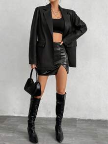 conciso Lässige, oversized Blazer für Damen mit Kerbe-Revers, breiten Schultern, einem Knopf, Pattentaschen und dickem PU-Leder für Herbst, Büro/Arbeit