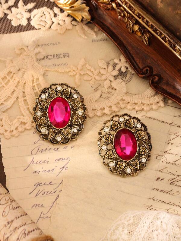 1 Pair Fashionable, Elegant, Unique Vintage Gold-Plated Rhinestone Stud Earrings, Suitable For Women's Daily Wear, Formal Occasions, Festivals, Jewelry Accessories Gift