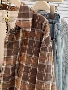 Women's Fall/Winter Retro Literary Commute Plaid Shirt - Brushed Thickened Long-Sleeve, Button-Down Collar, Versatile Woven Casual Outerwear