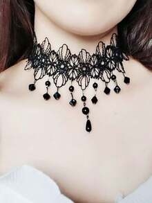 1pc Gothic Lace Collar Chain Black Crystal Tassel Necklace, Punk Chic Necklace Choker Suitable For Daily, Party, Street Wear - Black - View 4