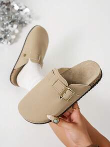 纯色金属搭扣装饰套脚凉鞋，厚底舒适柔软软木鞋底，坡跟凉拖，适合户外、通勤、休闲、日常穿着。 - 卡其色 - 查看 7