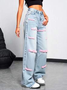 Pantalones vaqueros anchos sueltos y versátiles de mujer con diseño de bolsillos Pantalones De Mujer Mezclilla Anchos Vestir Flojos Casual Cargo De Algodón Acampando En Oferta Baggy Curvy Elegante - Rosa - Ver 3