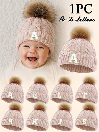 1顶婴儿字母针织帽，柔软、保暖、舒适，适合男孩女孩秋冬季户外佩戴。