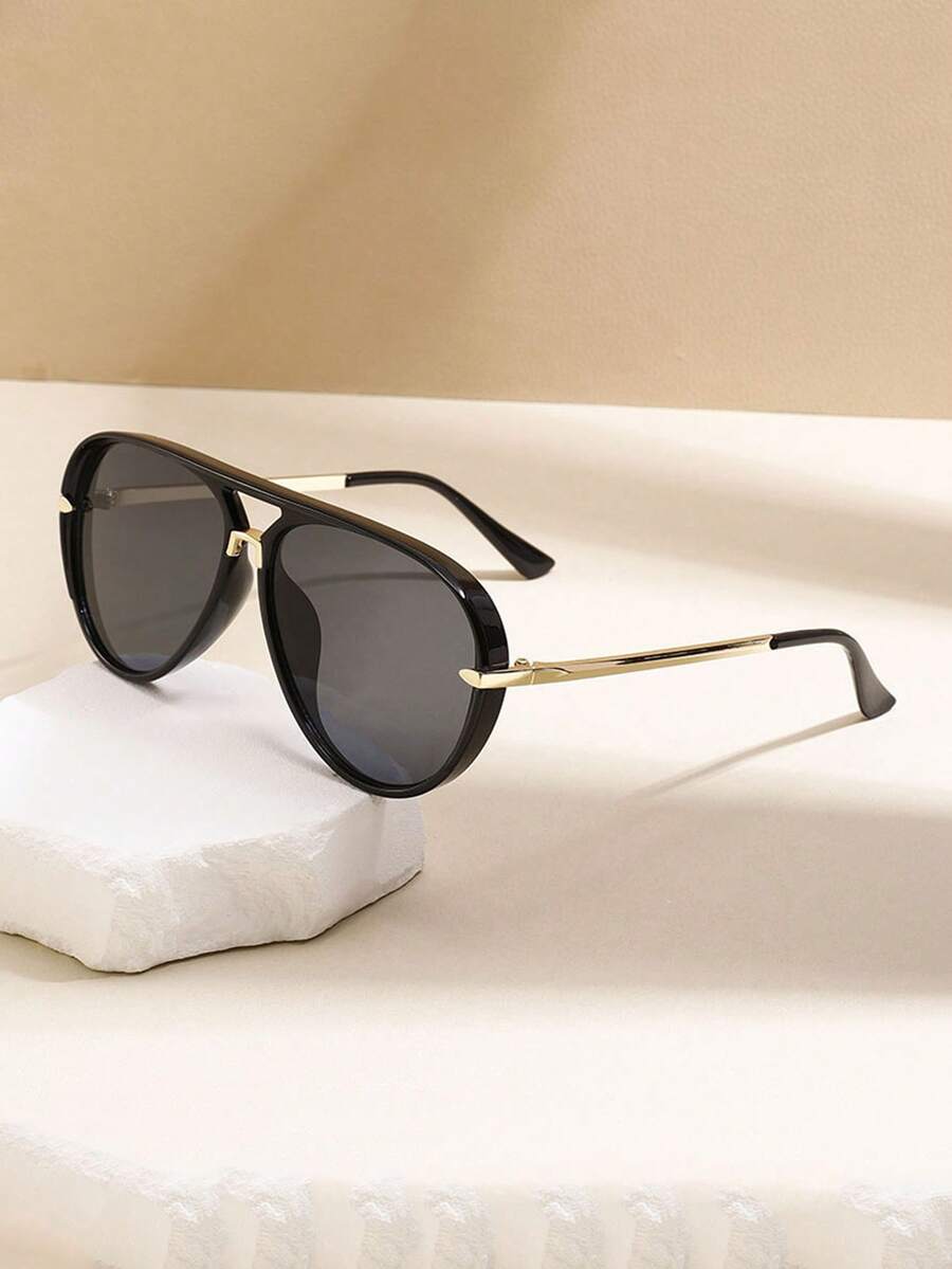 Przene 1pc Unisex Pilot Frame Fashion Classic Oversized Street Style Retro Metal Fashion Glasses - Black - View 1