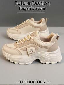 LISM 1 双女式网眼拼布一脚蹬穆勒鞋，厚底高跟时尚休闲鞋 - 卡其色 - 查看 3