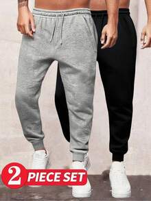 2pcs Men's Drawstring Waist Solid Color Long Sports Pants, Basic Black Fitness Pants - Multicolor - View 4