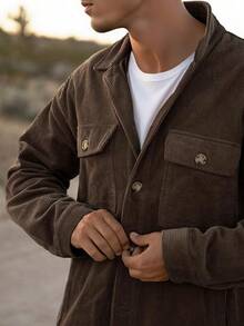 Men's Corduroy Shacket With 4 Pockets (Chest & Side Slant) Button Down Work Jackets Casual Long Sleeve Shirt Jackethalloween - 咖啡-1 - 查看 8
