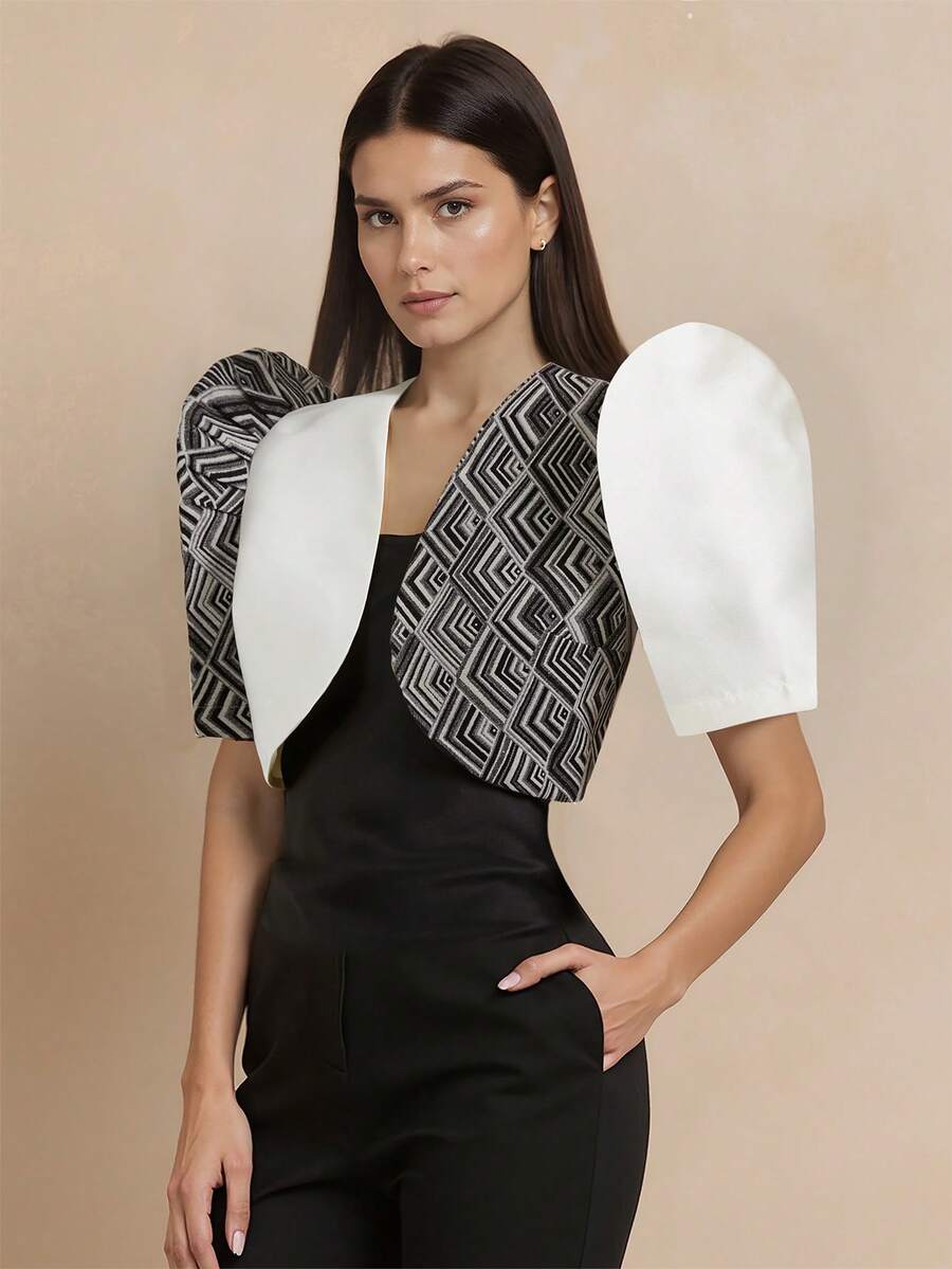 Amyenjoylife Modern Filipino Style Summer Women's Elegant Fashionable Personality Patchwork Puff Sleeve Cardigan Shawl Top, White Blouse - White - View 1