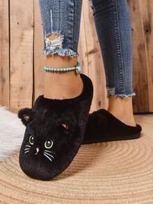 Autumn/Winter Anti-Slip Fluffy Cat Cartoon Slippers, Warm Thick Sole Indoor Home Slippers, Black,Furry Shoes - Black - View 6