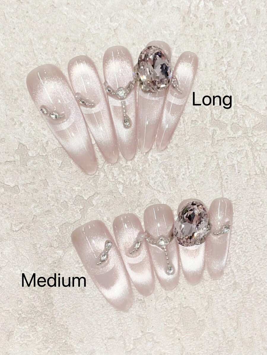 10片柔和玫瑰粉色猫眼法式链条装饰美甲贴片，精致小巧的椭圆形美甲配件，镶嵌K9水钻，适合约会、聚会、婚礼等场合，可重复使用的手工美甲贴片，搭配果冻凝胶，手工按压式美甲贴片。
