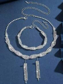 3 Peças Conjunto de Colar, Pulseira e Brincos com Borla, Conjunto de Joias Trançadas em Cruzamento para Mulheres, Acessórios Nupciais para Casamento e Festa - Multicolorido - Visão 7