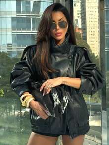 女士PU皮夹克，拉链闭合，长袖，飞行员夹克，秋冬外套 - 黑色 - 查看 5