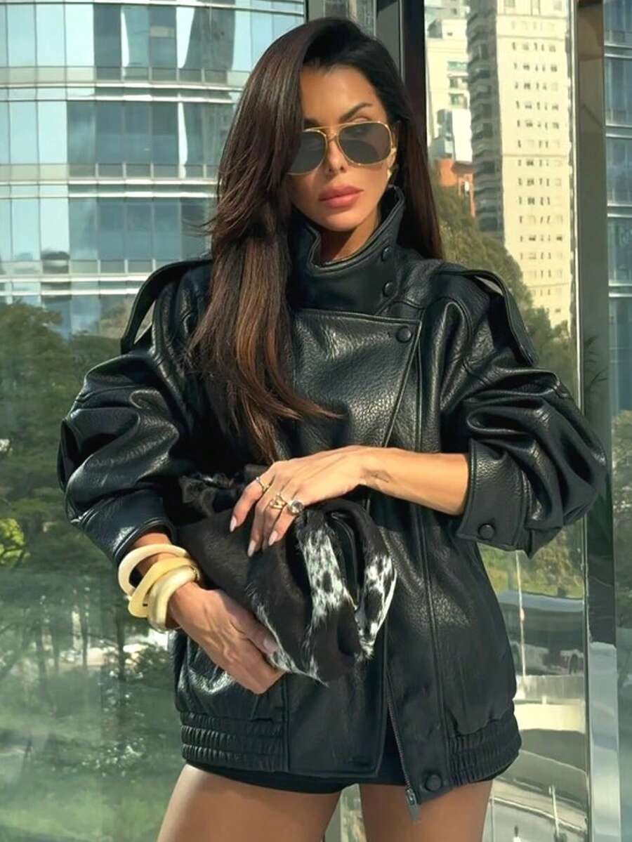 Áo khoác da PU nữ, khóa kéo, tay dài, kiểu bomber, áo khoác ngoài mùa thu/đông màu đen. - màu đen - Xem 1