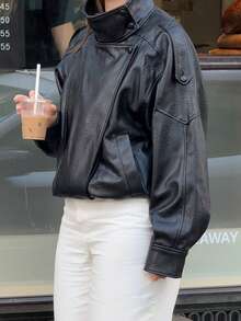 女士PU皮夹克，拉链闭合，长袖，飞行员夹克，秋冬外套 - 黑色 - 查看 7