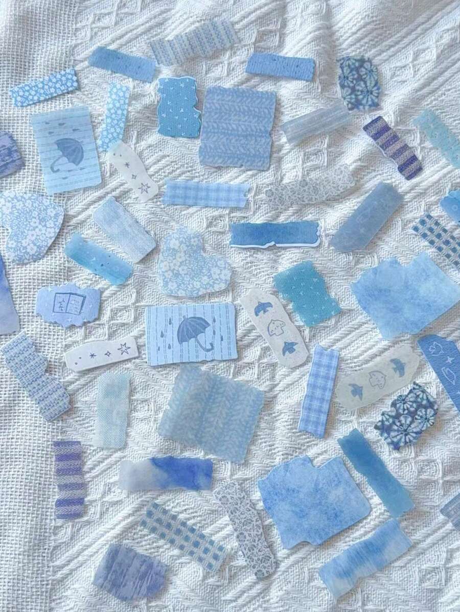 CANDY POETRY 50 件/包复古布艺手撕贴纸，创意美学贴纸贴花，DIY 装饰拼贴工艺材料，节日礼物，个性化剪贴簿学校用品 - 藍色 - 查看 1