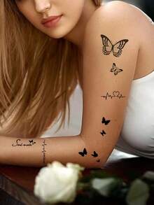 30 Creative And Exquisite Temporary Tattoo Stickers With Black Butterfly Flowers And Text Design, Suitable For Fingers, Wrists, And Small Body Parts - 黑色 - 查看 3