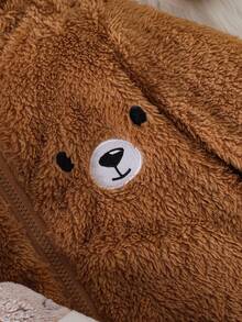 2 件男婴可爱熊印花刺绣连帽羊毛拉链连体衣，秋冬 - 彩色 - 查看 4