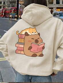 1件少女休闲印花套头卫衣，保暖内衬，长袖，秋冬季学生服装 - 杏色 - 查看 7