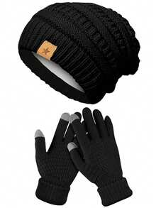 2Pcs Women Winter Beanie Hat Gloves Set 1 Pc Warm Knitted Hats And 1 Pair Touchscreen Gloves Women Lady Cold Winter Gifts Winter Warm