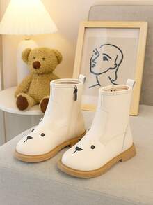 1 Pair White 3D Animal Decor Children's Boots, Boots, Cute Solid Color Stylish Girls/Boys Boots, Quality PU Upper, Comfortable Lining, Thick Sole, Suitable For 3-15 Years Old Girls Students Daily, Party, Autumn/Winter New Arrival