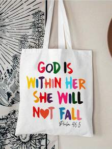 1 pieza Bolso de mano con estampado de letras colorido, gran capacidad con doble asa de hombro, adecuado para uso diario, escuela, compras, actividades al aire libre