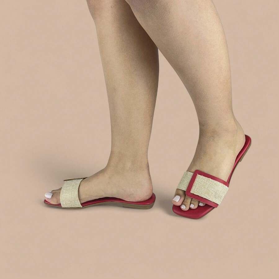 Women's Flat Sandals Comfortable Flip Flops With Luxury Strap Elegant Buckle - 紅色 - 查看 1