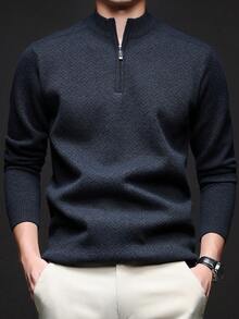 Men's Autumn/Winter Half-Zip Collar Striped Casual Pullover Sweater, Business Commute Simple Style, Long Sleeve Top - Dark Grey - View 1